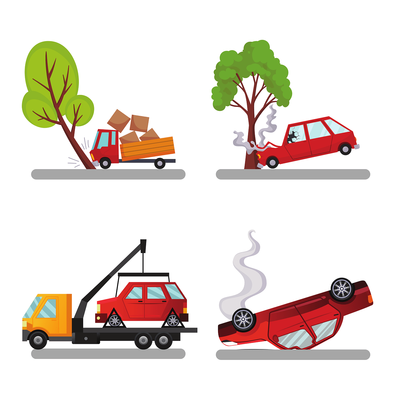 animation of truck crashed in a tree, and being towed away