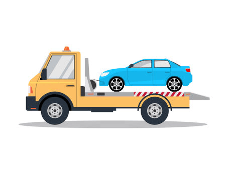 animation of a tow truck with a blue car on the back