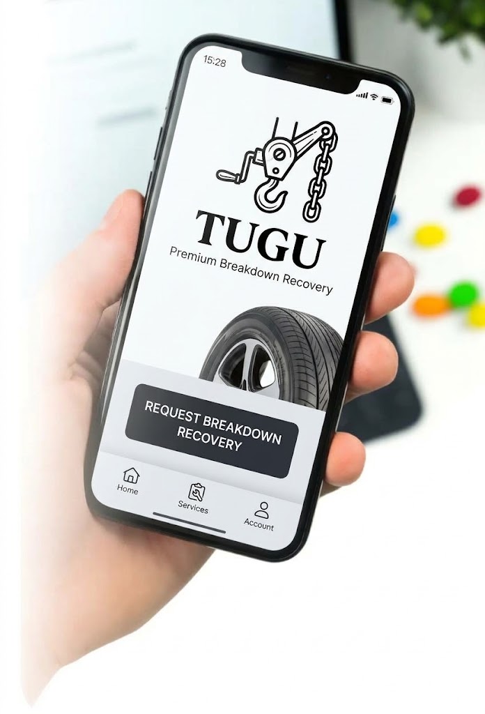 Alt Text: A close-up photograph of a person holding a smartphone showing an updated mobile application interface for "TUGU Breakdown Recovery". The app screen features a minimalist design with a white background. At the top, a bold black line-art logo displays a winch and hook with a chain mechanism above the bold black text "TUGU" and the subtitle "Premium Breakdown Recovery". Below the text, the top half of a realistic car tire and wheel rim is visible. At the bottom of the screen, a dark grey rounded button reads "REQUEST BREAKDOWN RECOVERY" above a bottom navigation bar with icons for "Home", "Services", and "Account".