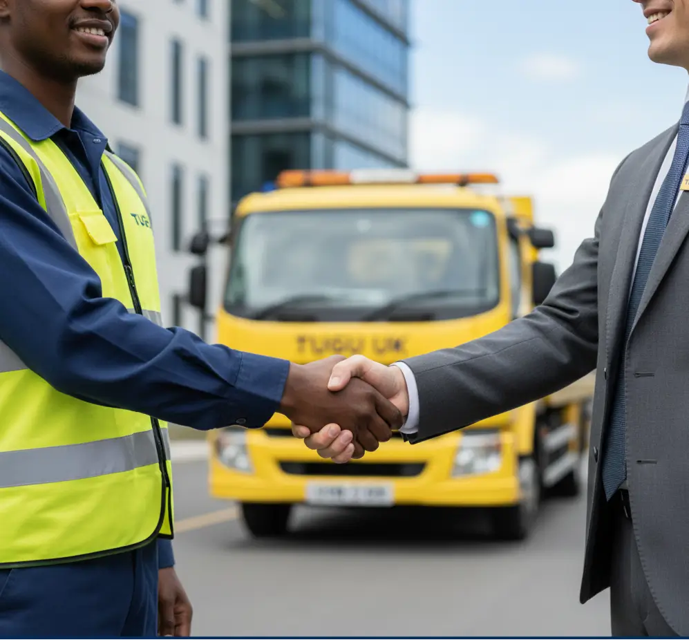 Happy customer handshake with roadside assistance driver in Salendine Nook Huddersfield