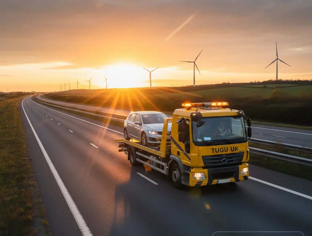 ar securely loaded on a Tugu Breakdown Recovery app, truck driving along a UK motorway, showcasing fast, reliable roadside assistance and nationwide vehicle transport services
