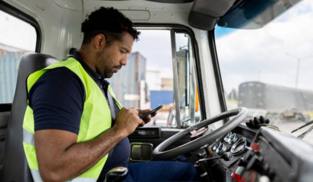 Driver using a tablet to read breakdown directions via the Tugu app, showcasing how to grow your business with Tugu through real-time roadside assistance, smart dispatch tools, and local recovery jobs across the M1.