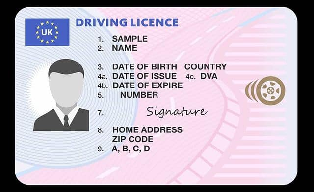 Driving licence sign up showing required fields