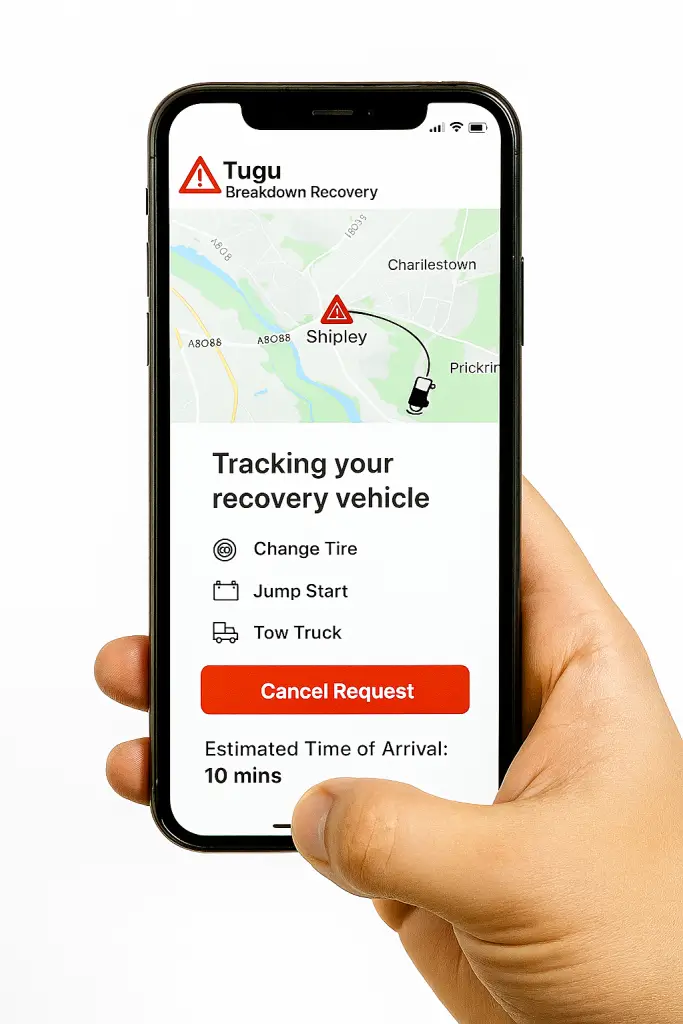 Hand holding smartphone displaying Tugu Breakdown Recovery app with live vehicle tracking, estimated arrival time, and interactive map showing recovery route in Shipley, UK.