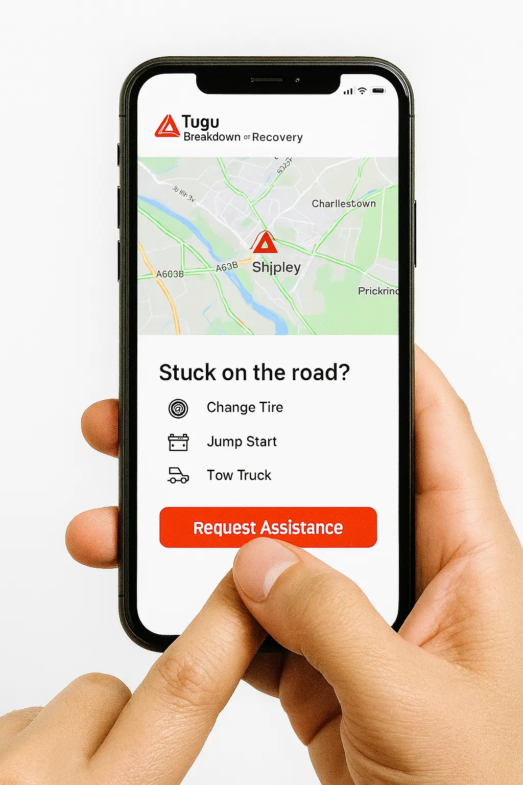 Hand holding smartphone displaying Tugu Breakdown Recovery app interface, showing live roadside assistance request with real-time tracking in the coverage areas, and emergency service options.
