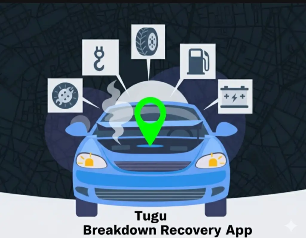Illustration of a modern car surrounded by service icons including a tyre, battery, tow bar, and fuel tank, highlighting key vehicle components for maintenance, repair, and roadside assistance near Basildon