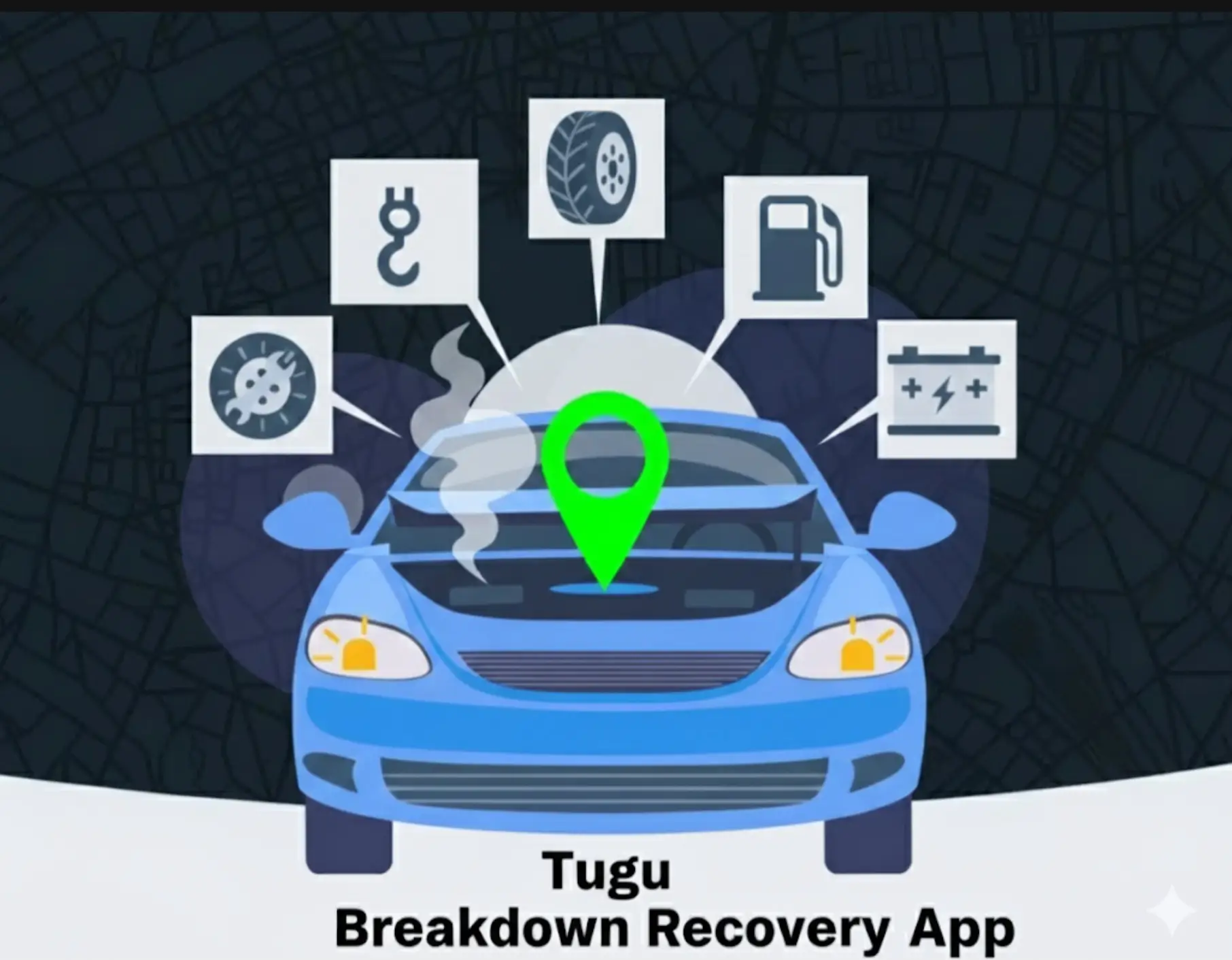 Illustration of a modern car surrounded by service icons including a tyre, battery, tow bar, and fuel tank, highlighting key vehicle components for maintenance, repair, and roadside assistance, is how it works