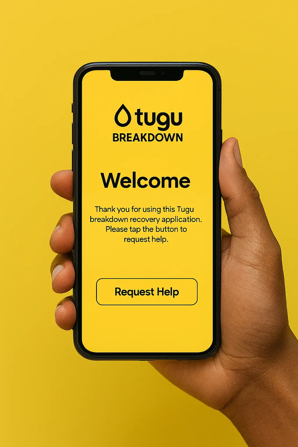 Hand holding smartphone displaying Tugu Breakdown Recovery app interface, showing live roadside assistance request with real-time tracking and emergency service options