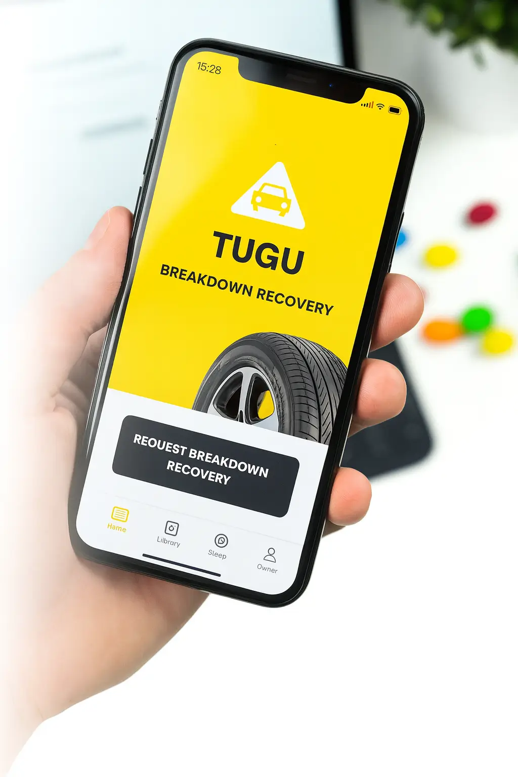 Hand holding smartphone displaying Tugu Breakdown Recovery app screen, roadside assistance booking made easy