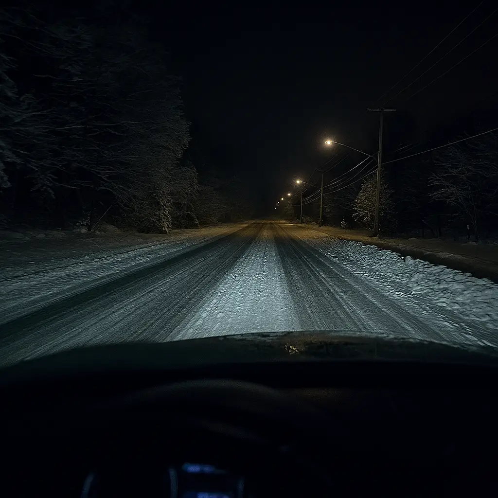 Nighttime view from inside a car driving down a snow-covered road, with streetlights and snowy trees lining both sides.