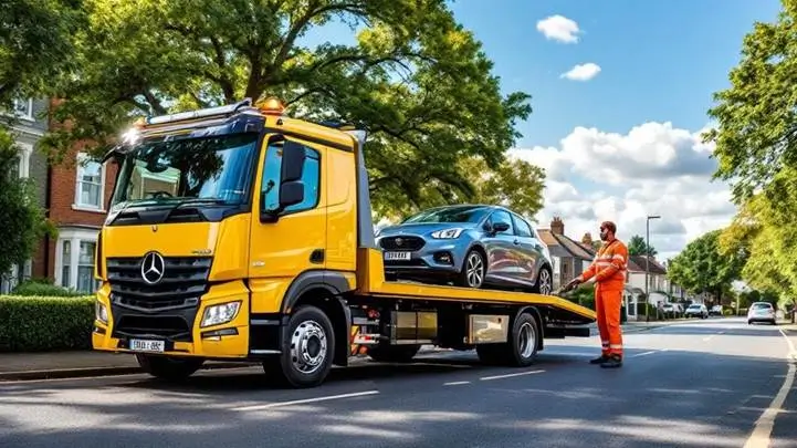 Car securely loaded on the back of a recovery truck during roadside assistance