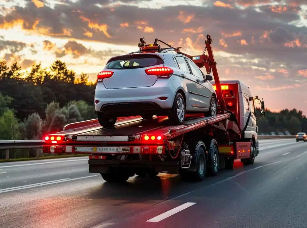 recovery truck on the roadside, with safety straps fastened and the truck positioned for transport. The EV’s sleek design and closed charging port are visible under overcast skies.